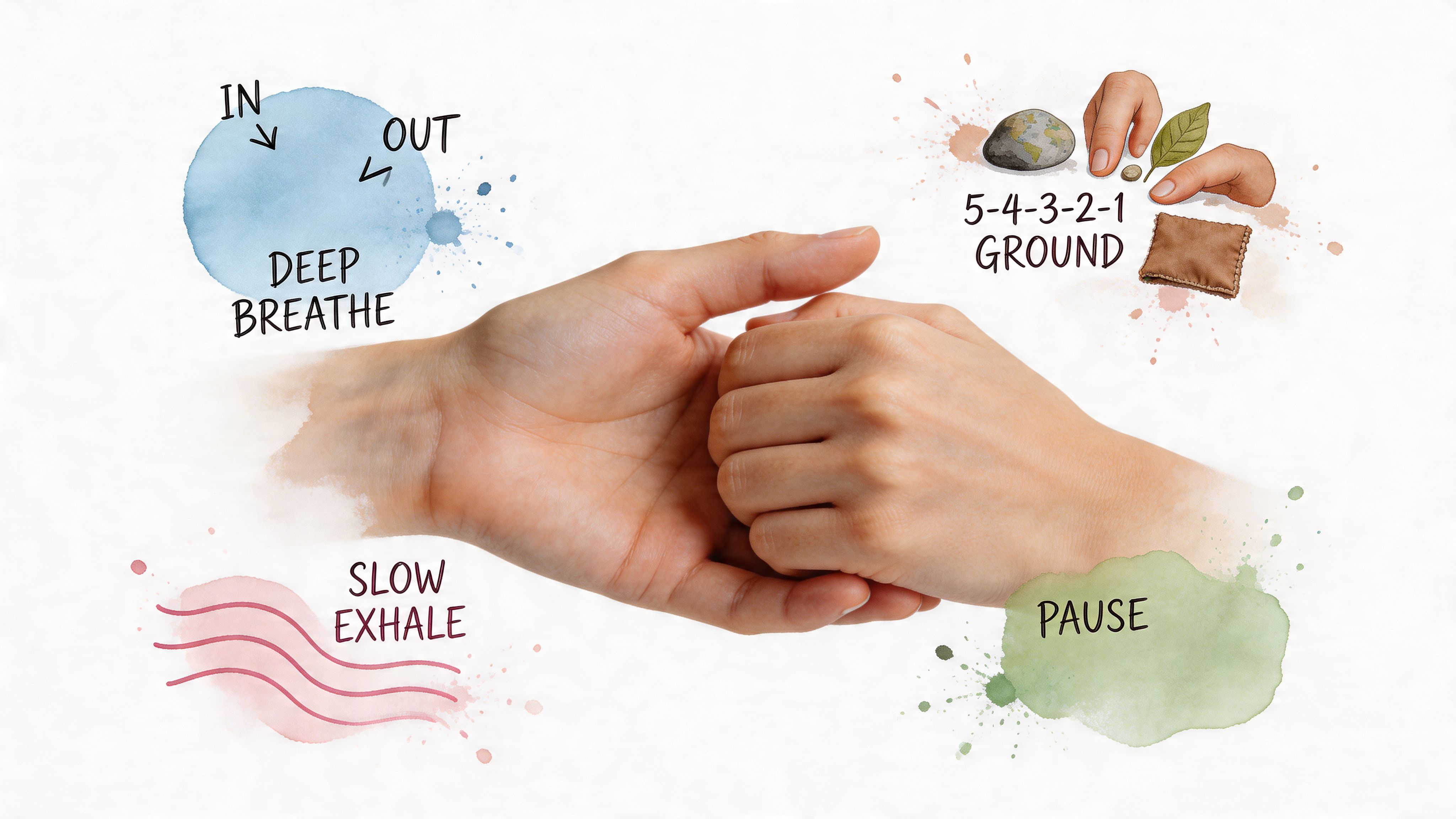 A gentle visual guide featuring hands holding for support, displaying grounding techniques and calming breathing exercises.