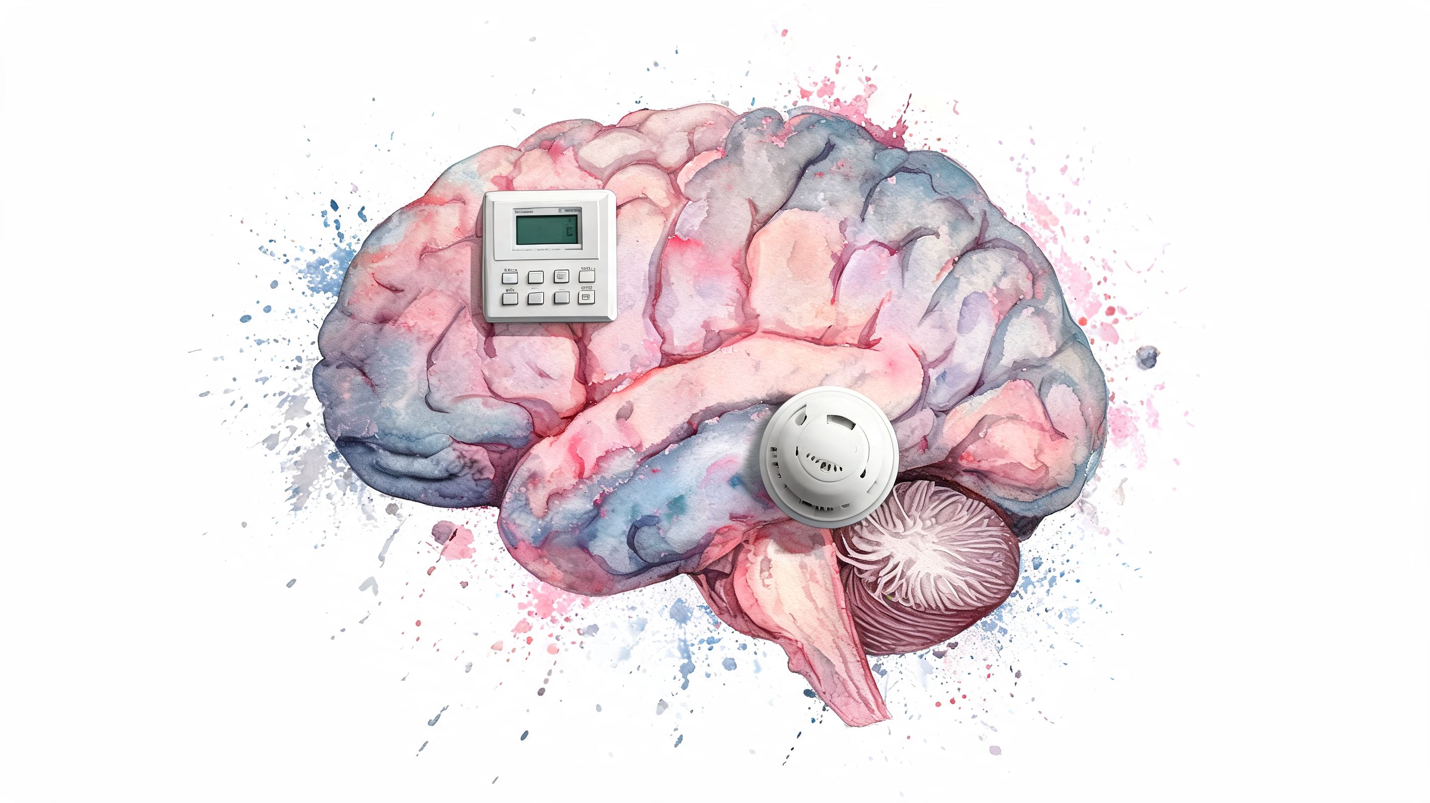 A watercolor illustration of a human brain featuring a digital thermostat and a smoke detector attached.