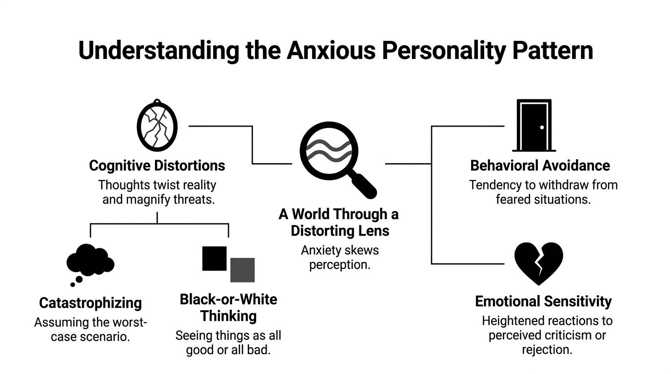 A diagram illustrating the anxious personality pattern featuring cognitive distortions, behavioral avoidance, and emotional sensitivity.