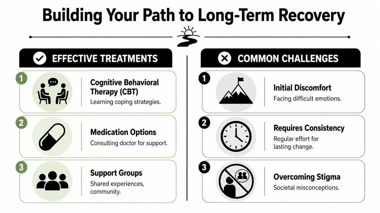 A diagram outlining effective treatments like therapy and medication alongside common recovery challenges for mental health.
