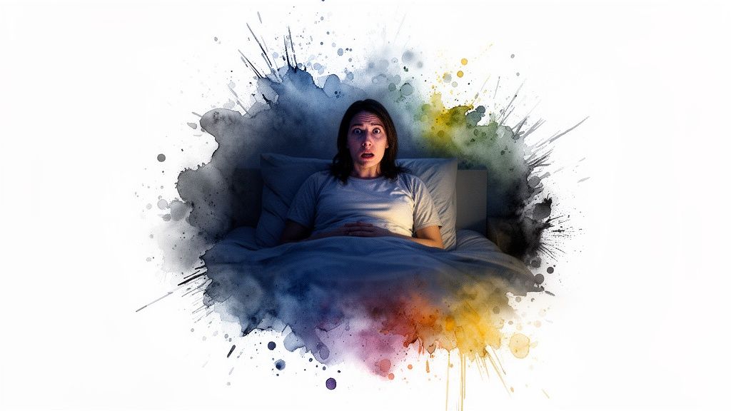 A scared woman wakes up in bed at night, surrounded by dark watercolor splashes, conveying anxiety.
