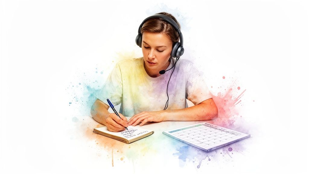 A focused woman wearing a headset writes notes in a notebook next to a calendar.