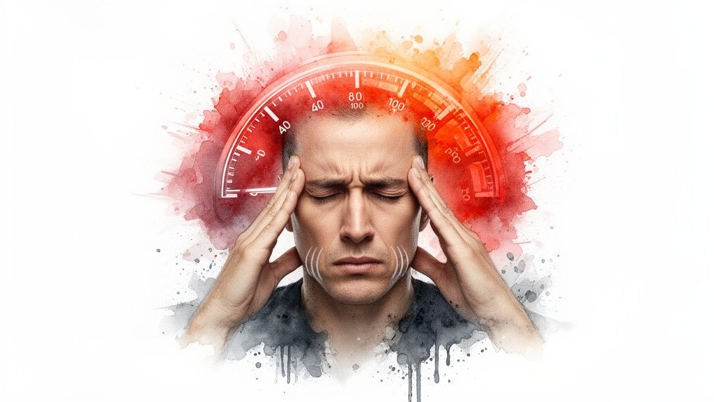 Man gripping temples with a red, high-pressure gauge above, illustrating severe headache or stress.