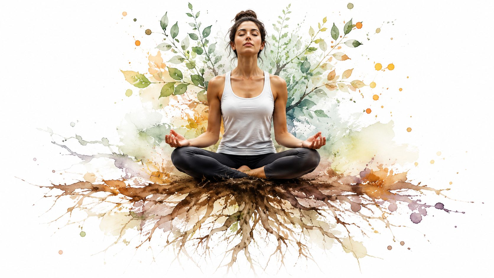 A woman practicing meditation in a peaceful lotus pose, surrounded by artistic watercolor leaves and tree roots.