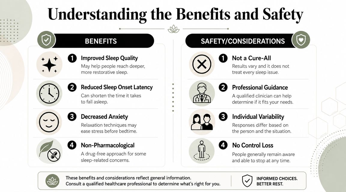 An infographic titled Understanding the Benefits and Safety outlining key advantages and important safety considerations for sleep hypnosis.