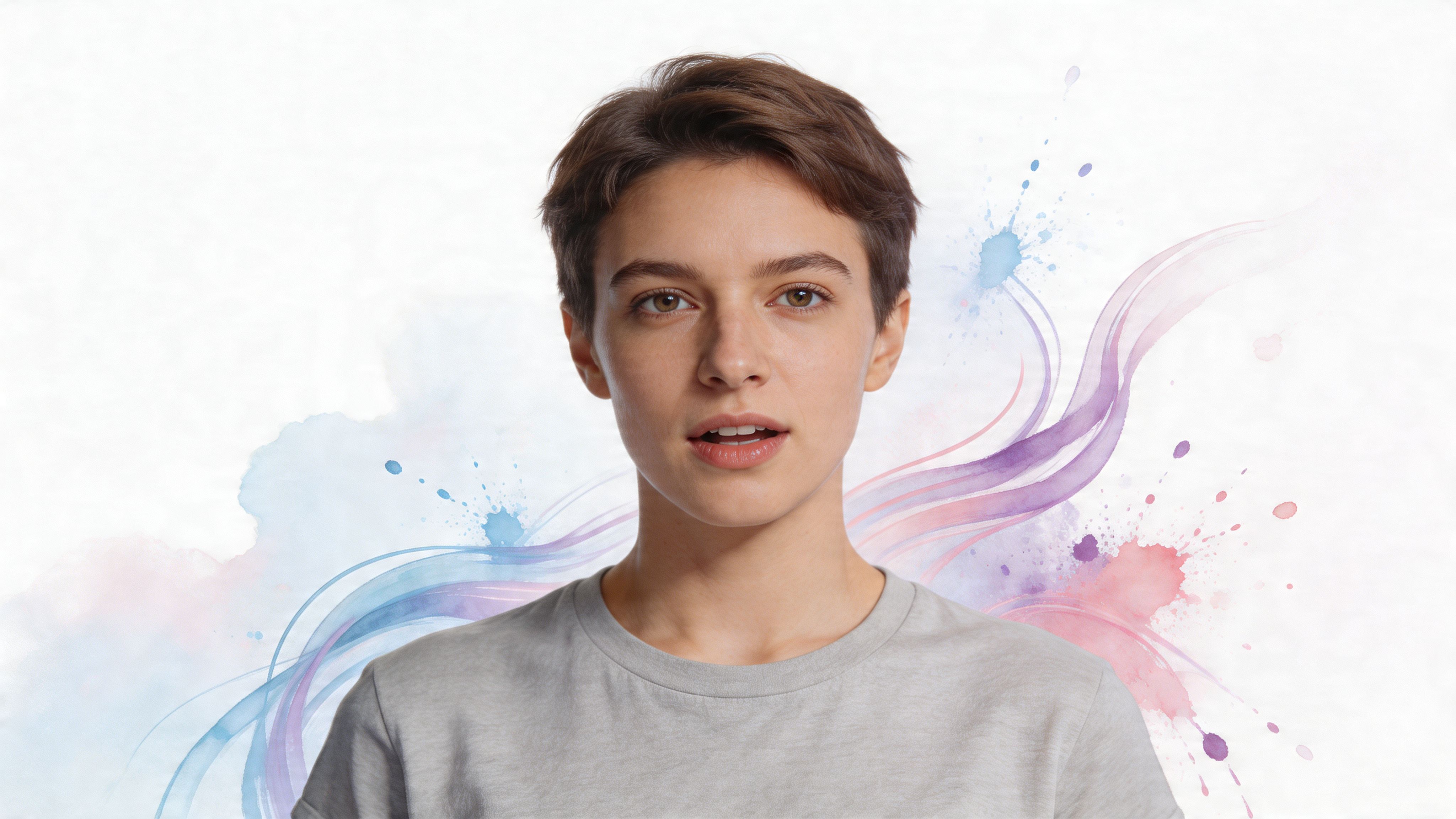 A young woman with a short, brown haircut poses confidently in front of a creative watercolor background.
