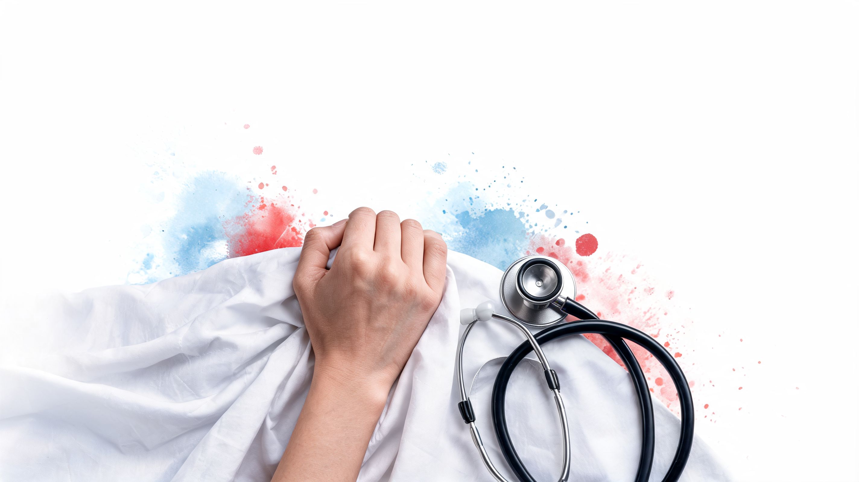 A person's hand clenching a white fabric with a stethoscope nearby and abstract watercolor background splatters.