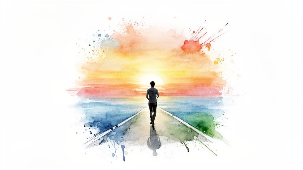A vibrant watercolor painting of a person walking on a path towards a colorful sunset over water.