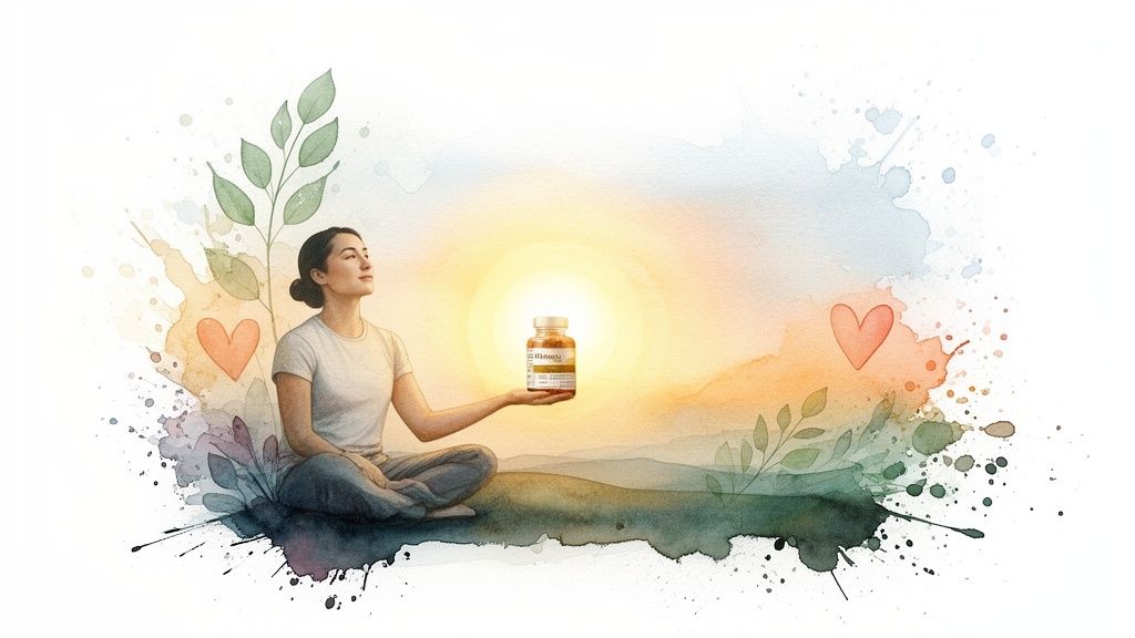A woman meditates peacefully in a watercolor landscape, holding a glowing vitamin bottle, surrounded by nature and hearts.