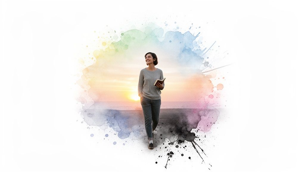 A smiling woman holding a book walks against a colorful sunset framed by watercolor splashes.