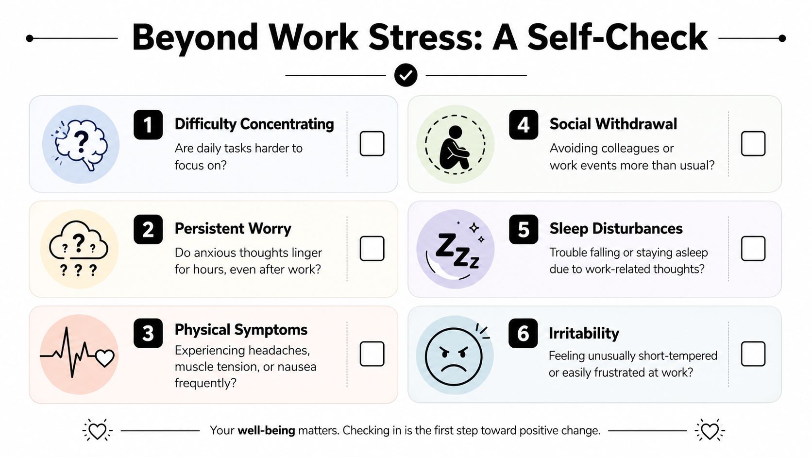 A self-check checklist highlighting six common symptoms of work-related stress, including anxiety, insomnia, and physical fatigue.