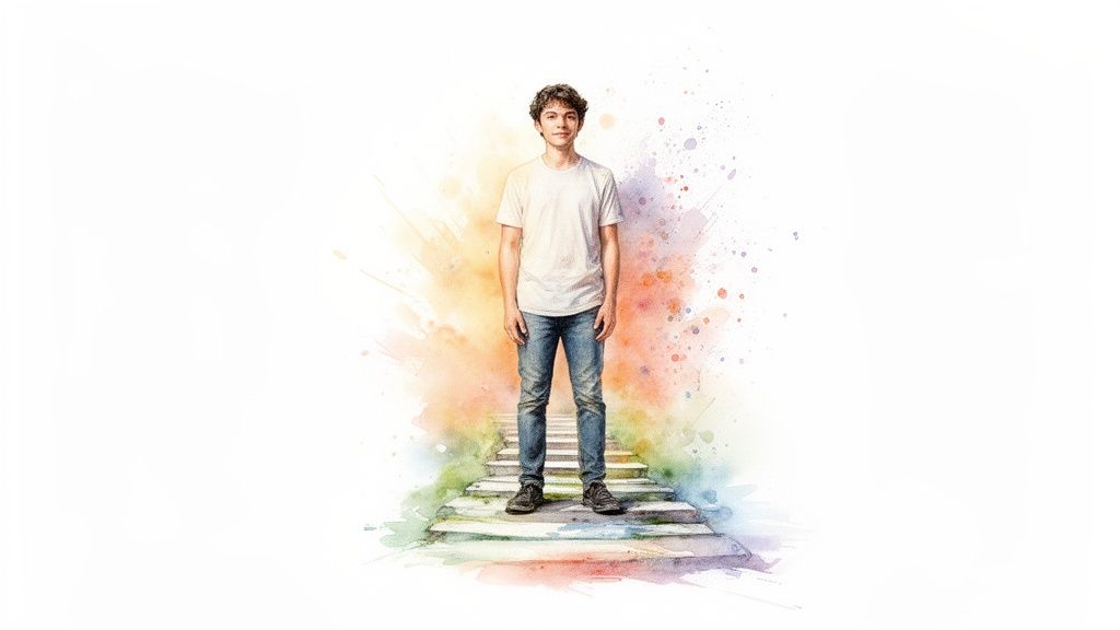 Young man stands on watercolor steps with vibrant splashes of color behind him.