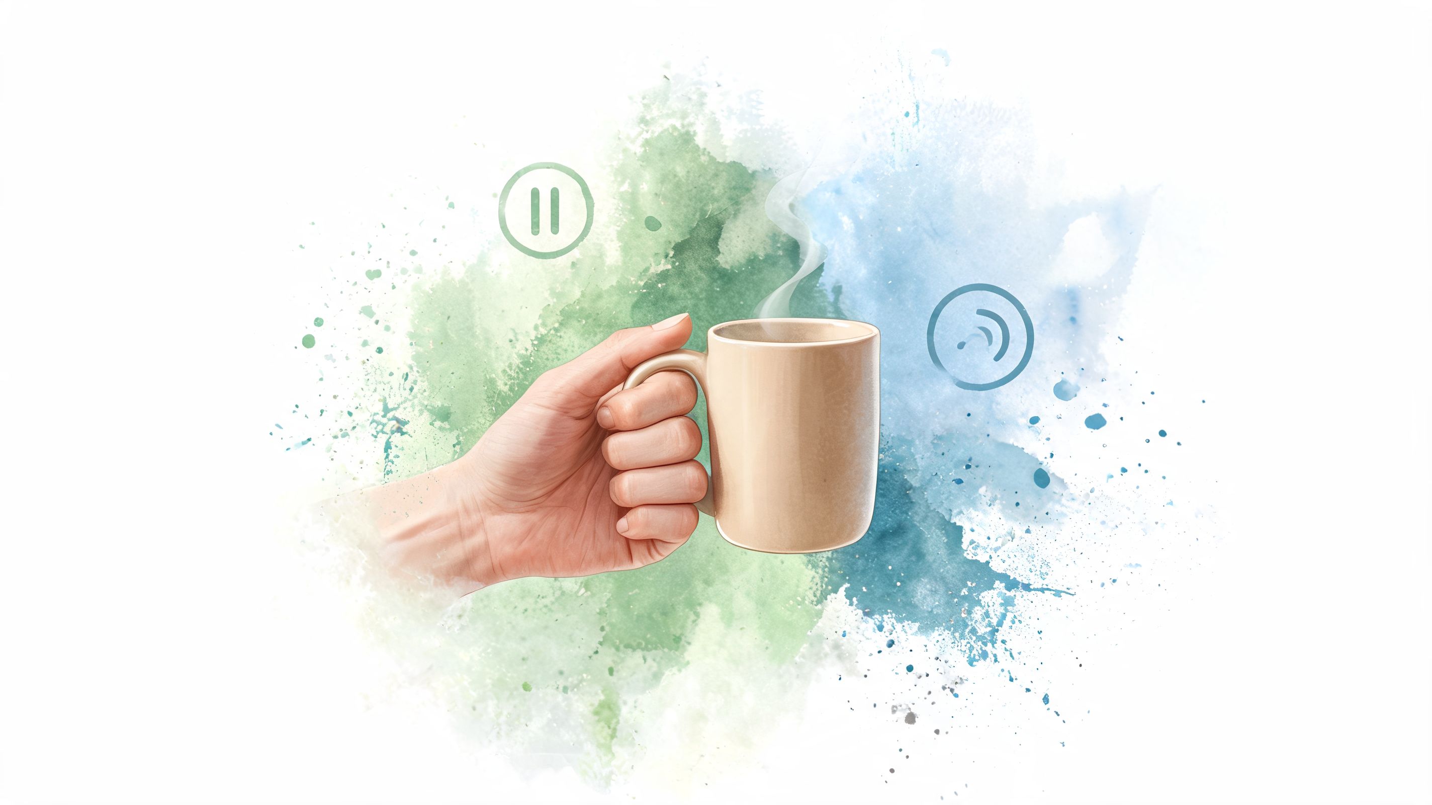 A hand holding a warm mug of coffee with pause and signal icons over a watercolor background.