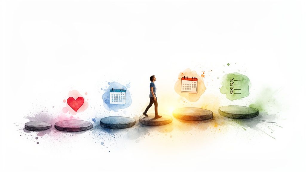 A person walks on watercolor-painted stepping stones with icons representing heart, planning, and checklist.