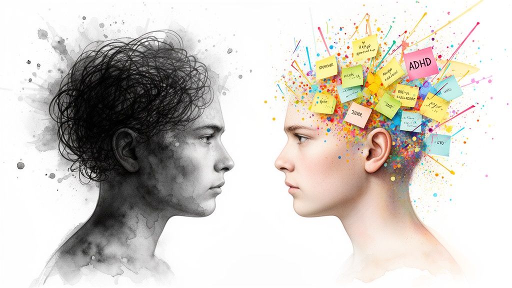 Illustration comparing two profiles, one messy black and white, the other colorful with 'ADHD' sticky notes.