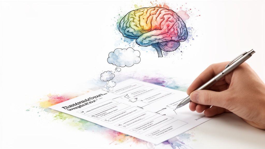 A hand writing with a pen on a document, illustrating creative thinking and mind mapping with a colorful brain.
