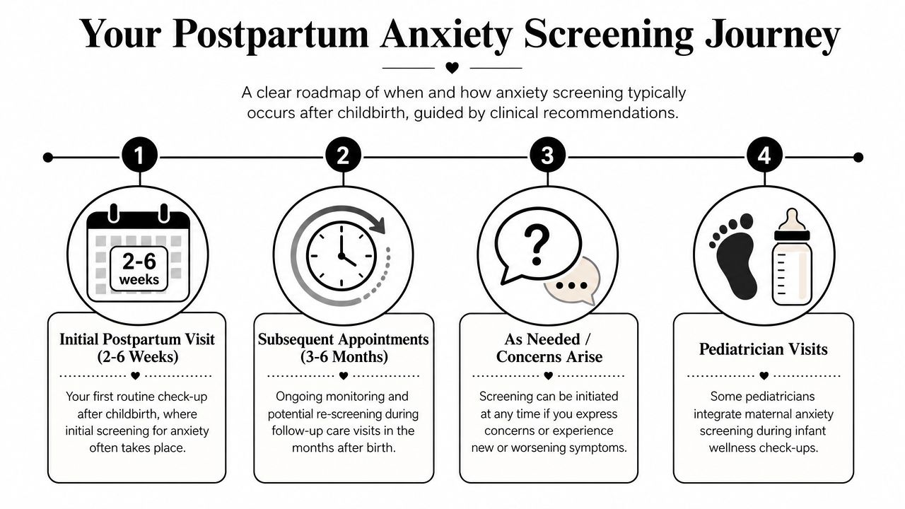 An infographic showing the four stages of a typical postpartum anxiety screening journey after giving birth.