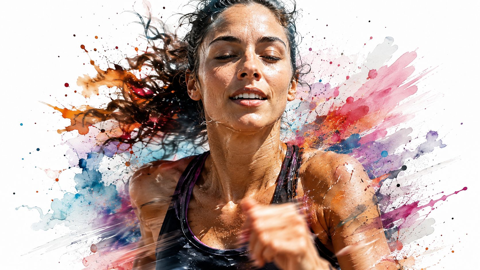 A sweaty female athlete running with determination against a vibrant, abstract watercolor artistic background.