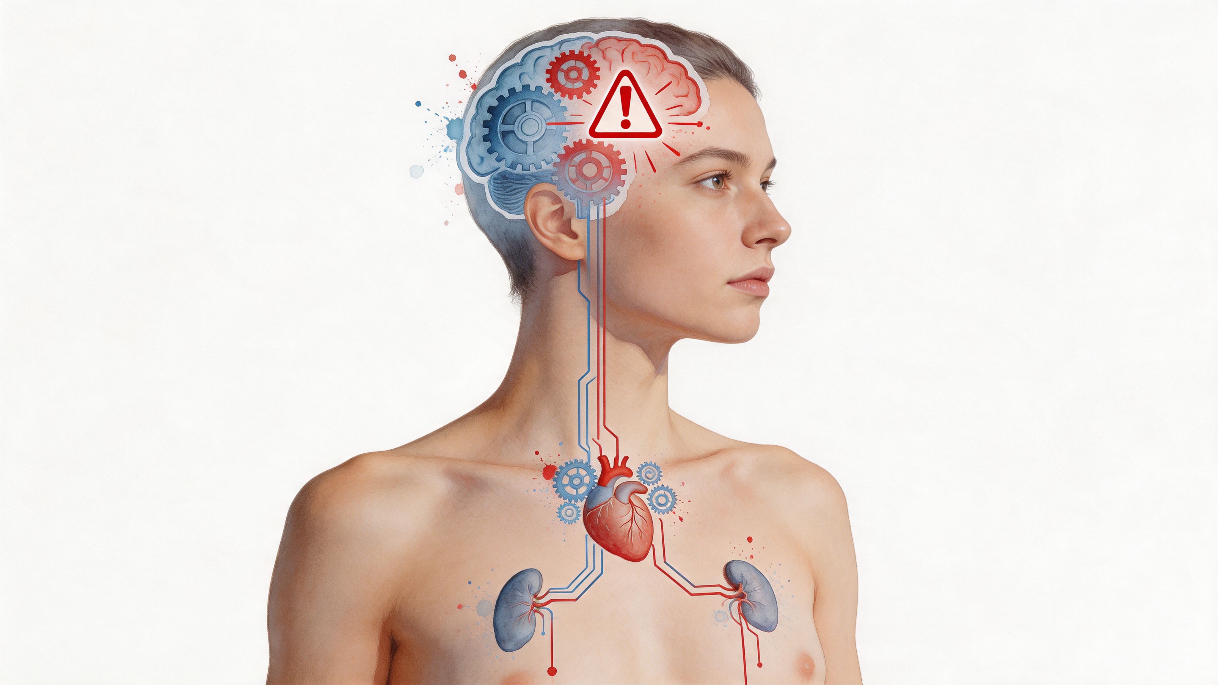 A digital illustration showing a person with interconnected gears in the brain and organs representing stress.
