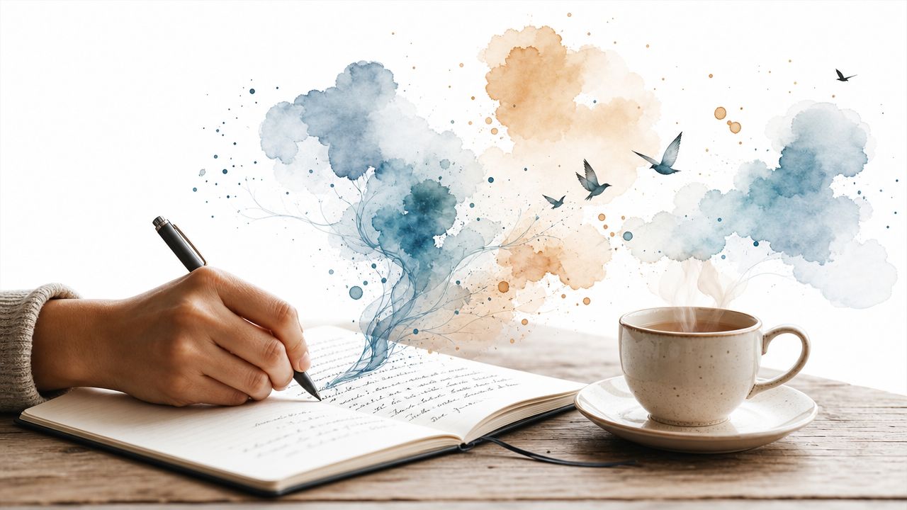 A hand writes in a notebook, with watercolor clouds and birds floating above the pages and coffee.