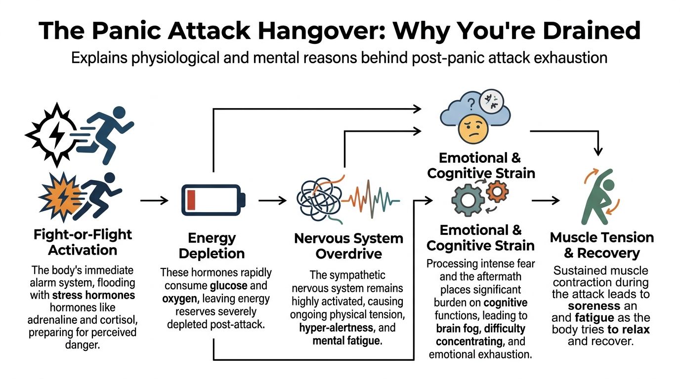 An infographic titled The Panic Attack Hangover showing the physiological and mental causes of post-panic exhaustion.