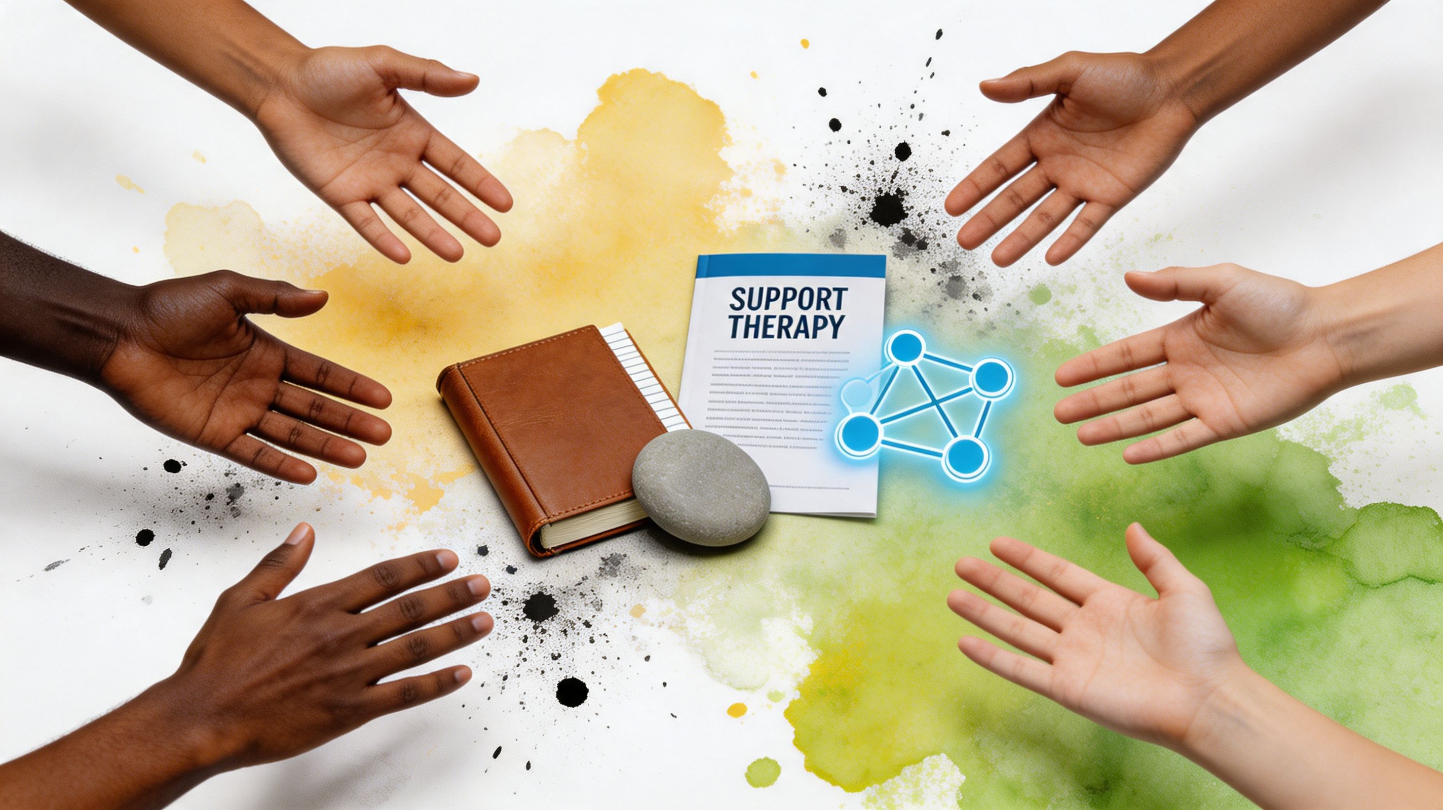 Multiple hands of diverse skin tones surround a book and notes about support therapy.