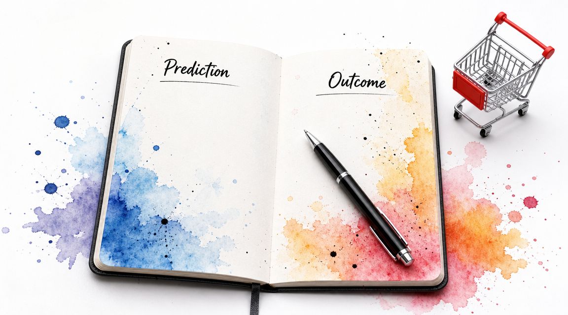 An open notebook with Prediction and Outcome headers alongside a miniature shopping cart and pen.
