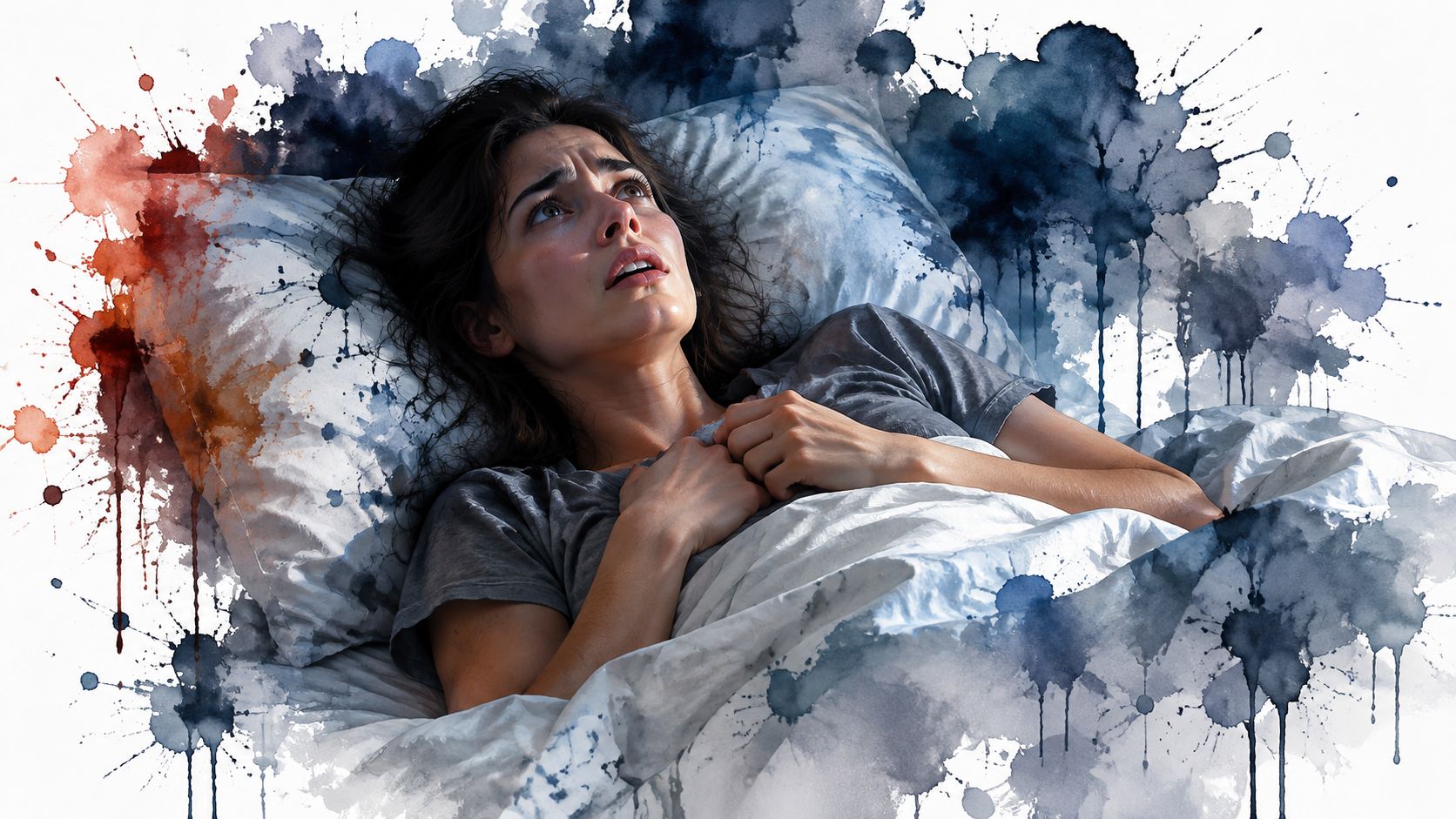 A woman lying in bed feeling anxious and distressed with abstract watercolor splashes surrounding her.