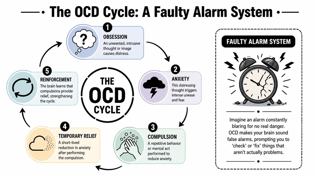A diagram illustrating the OCD cycle as a faulty alarm system involving obsessions, anxiety, and compulsions.