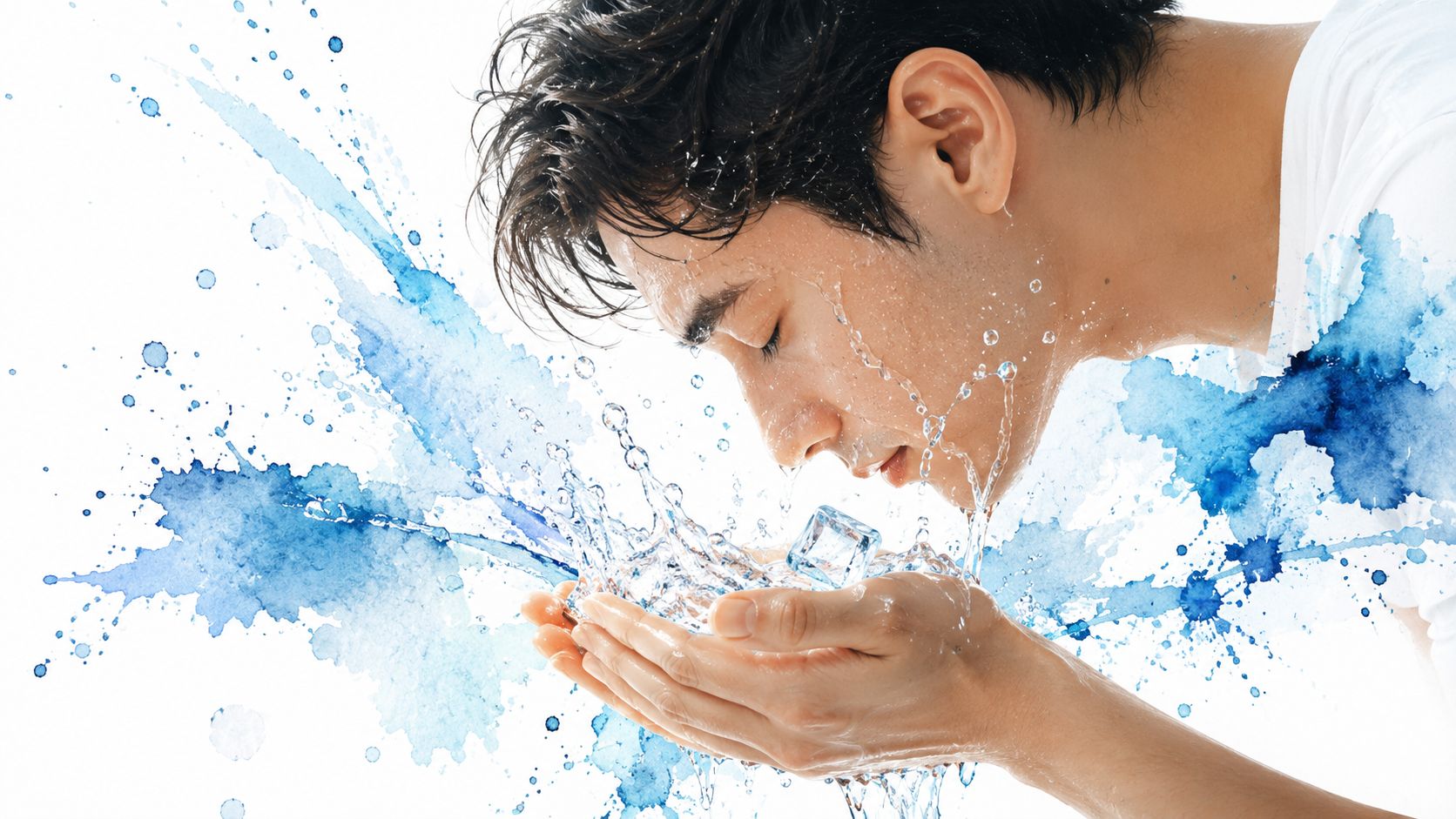 A young man splashing his face with water and holding ice cubes for a refreshing cooling sensation.
