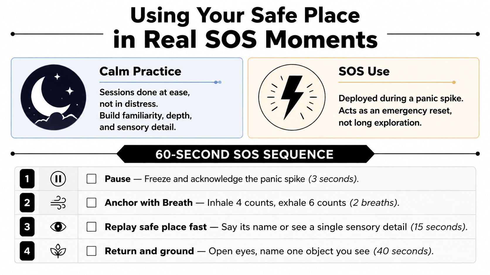 An infographic titled Using Your Safe Place in Real SOS Moments outlining a 60-second anxiety relief sequence.