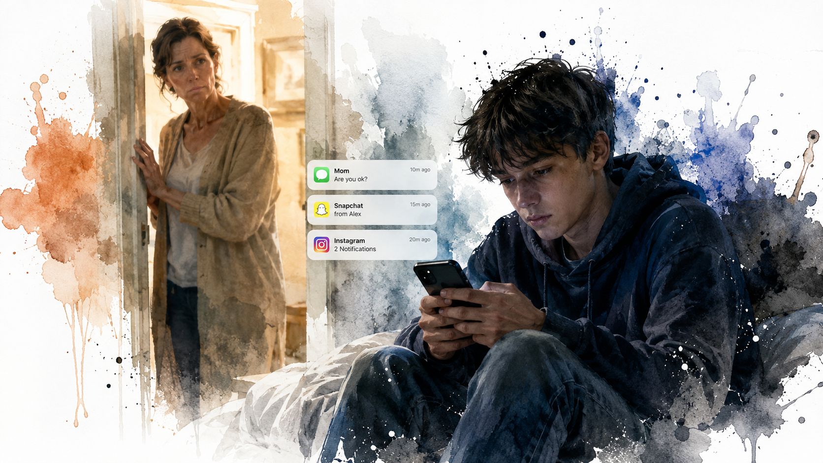 A distressed teenager looking at a smartphone while a concerned mother stands in the doorway behind him.