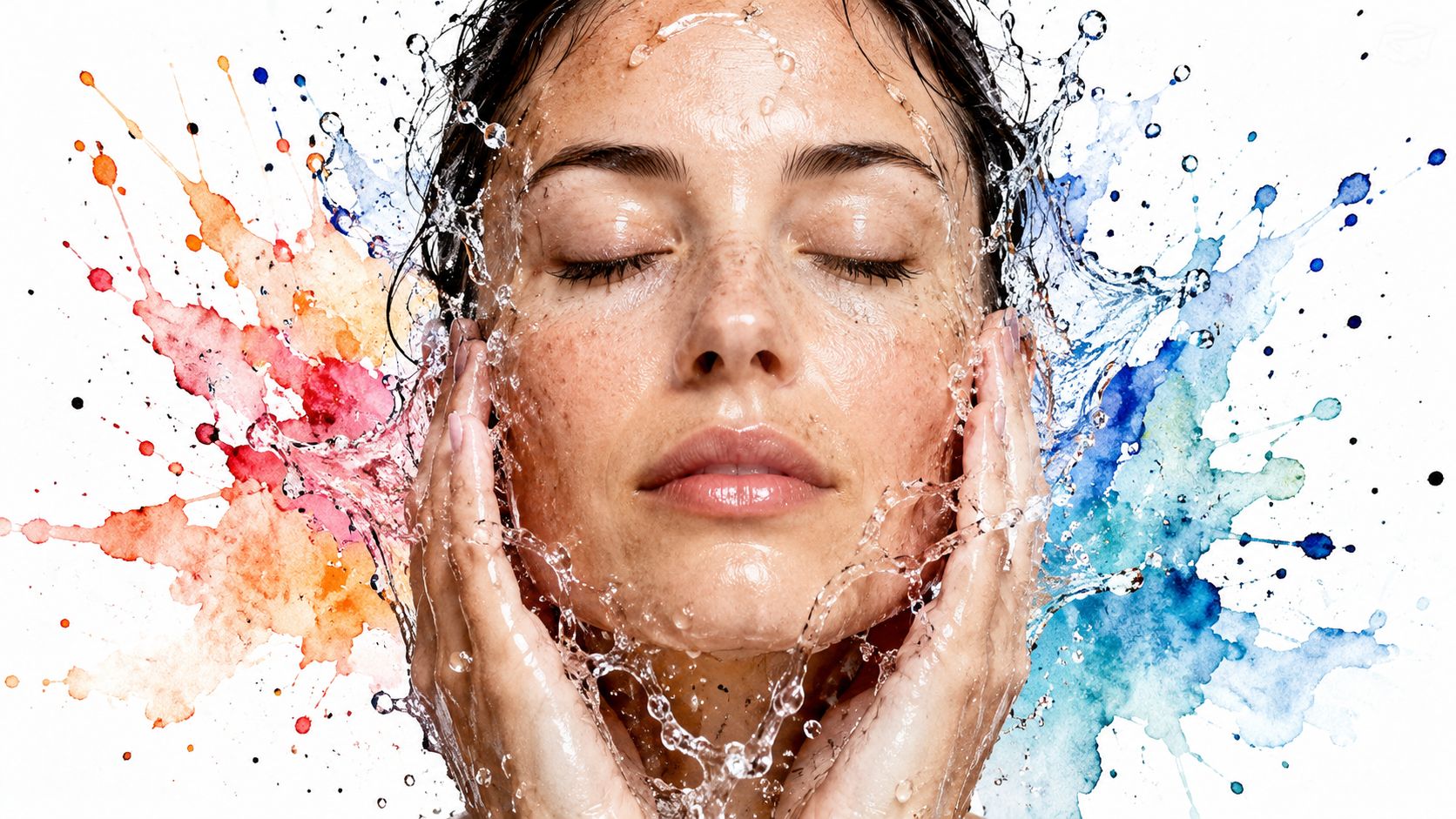 A woman washing her face with refreshing water surrounded by colorful artistic paint splashes on white background.