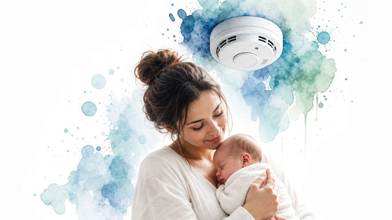 A caring mother holding her newborn baby, with a smoke detector visible above in a watercolor illustration.