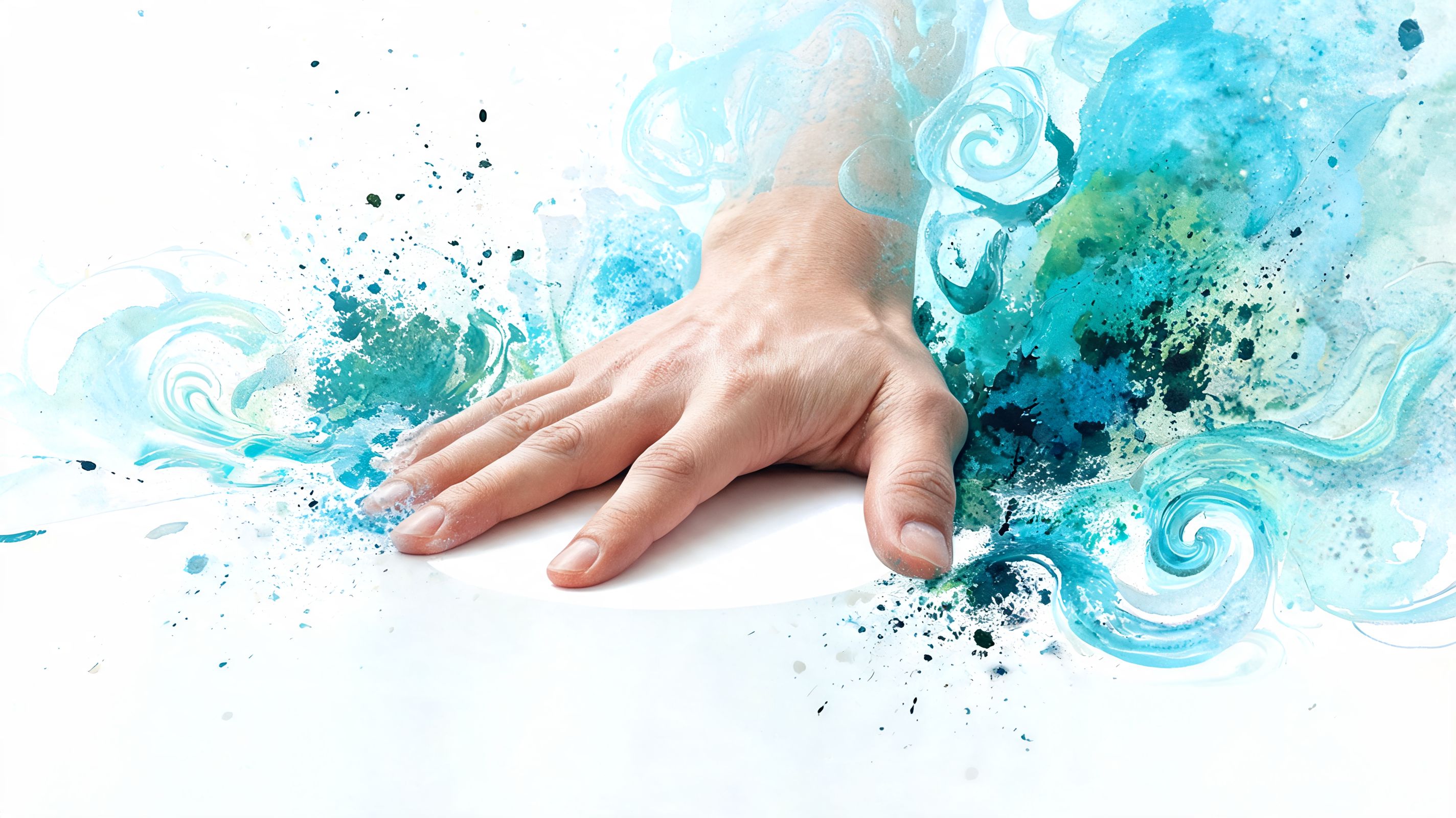 A hand rests on a clean surface surrounded by abstract blue watercolor splashes and artistic swirls.