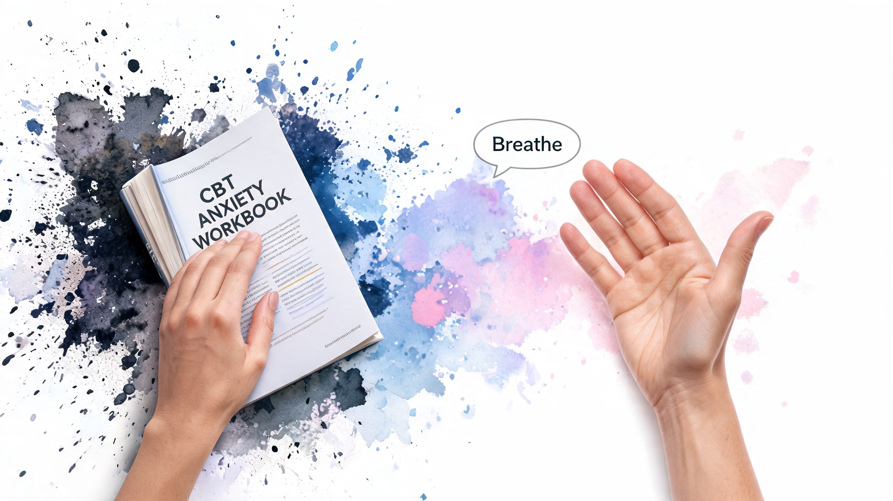 A person holding a CBT anxiety workbook next to an open hand with a thought bubble saying Breathe.