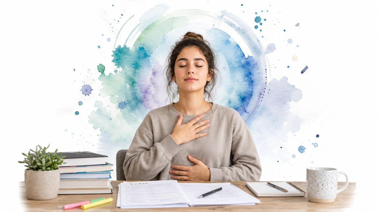 A young woman sitting at a desk practicing deep breathing to manage exam anxiety and stress.