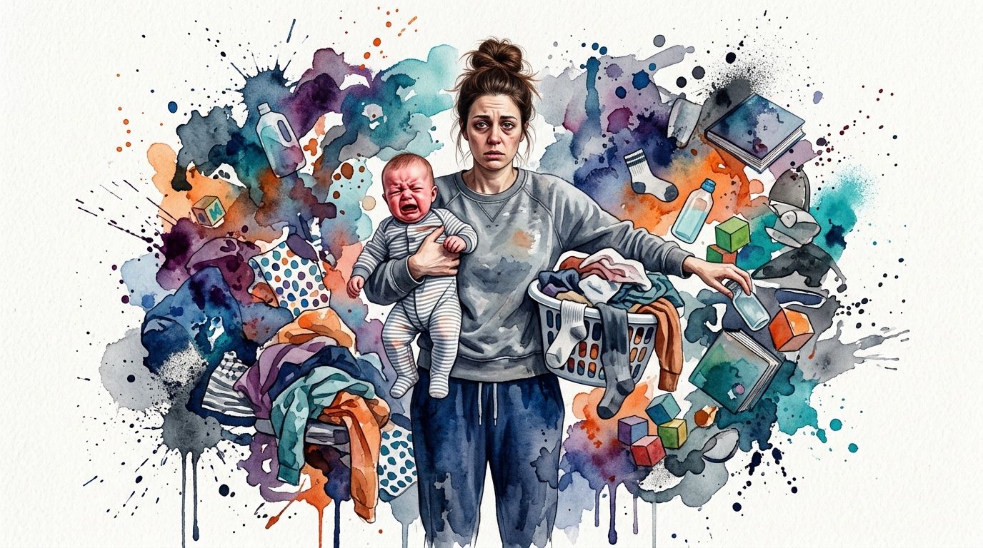 Exhausted mother carrying a crying baby and a laundry basket amidst chaotic watercolor abstract splashes.
