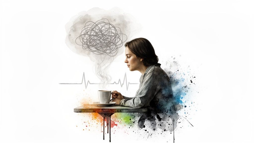 Watercolor illustration of a woman drinking coffee with tangled thoughts and an erratic heartbeat.