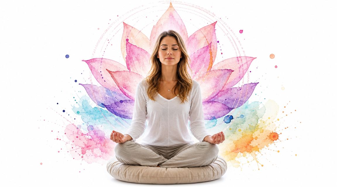A woman meditating peacefully in a lotus position, surrounded by a vibrant, colorful watercolor lotus flower illustration.