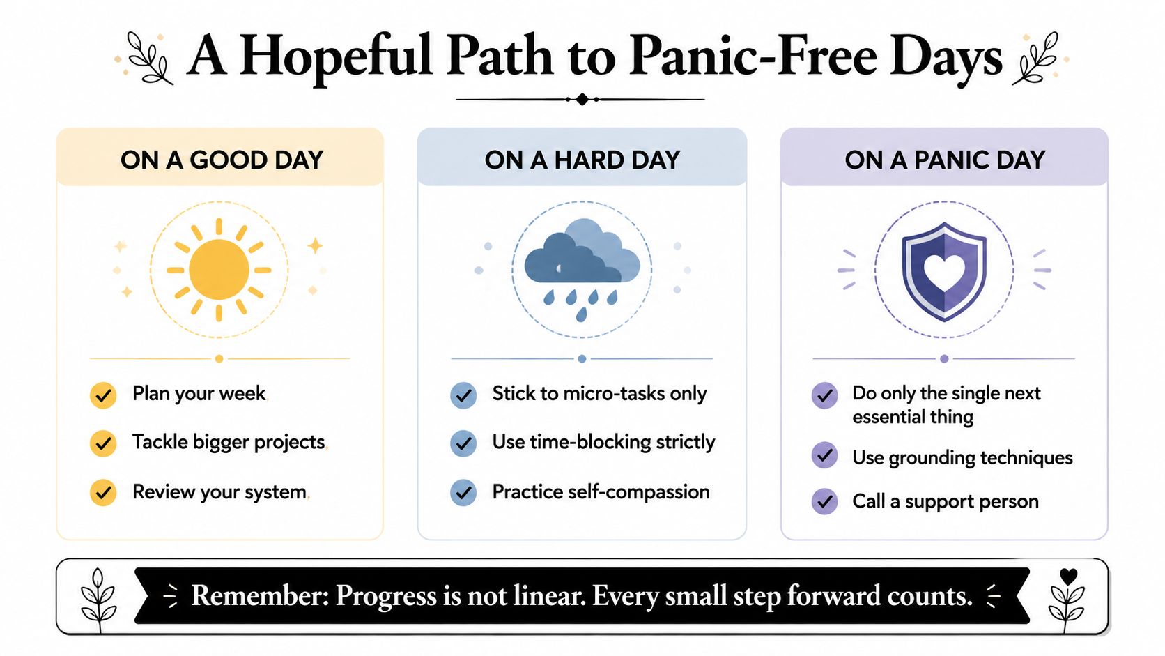 An infographic titled A Hopeful Path to Panic-Free Days, showing productivity strategies for good, hard, and panic days.