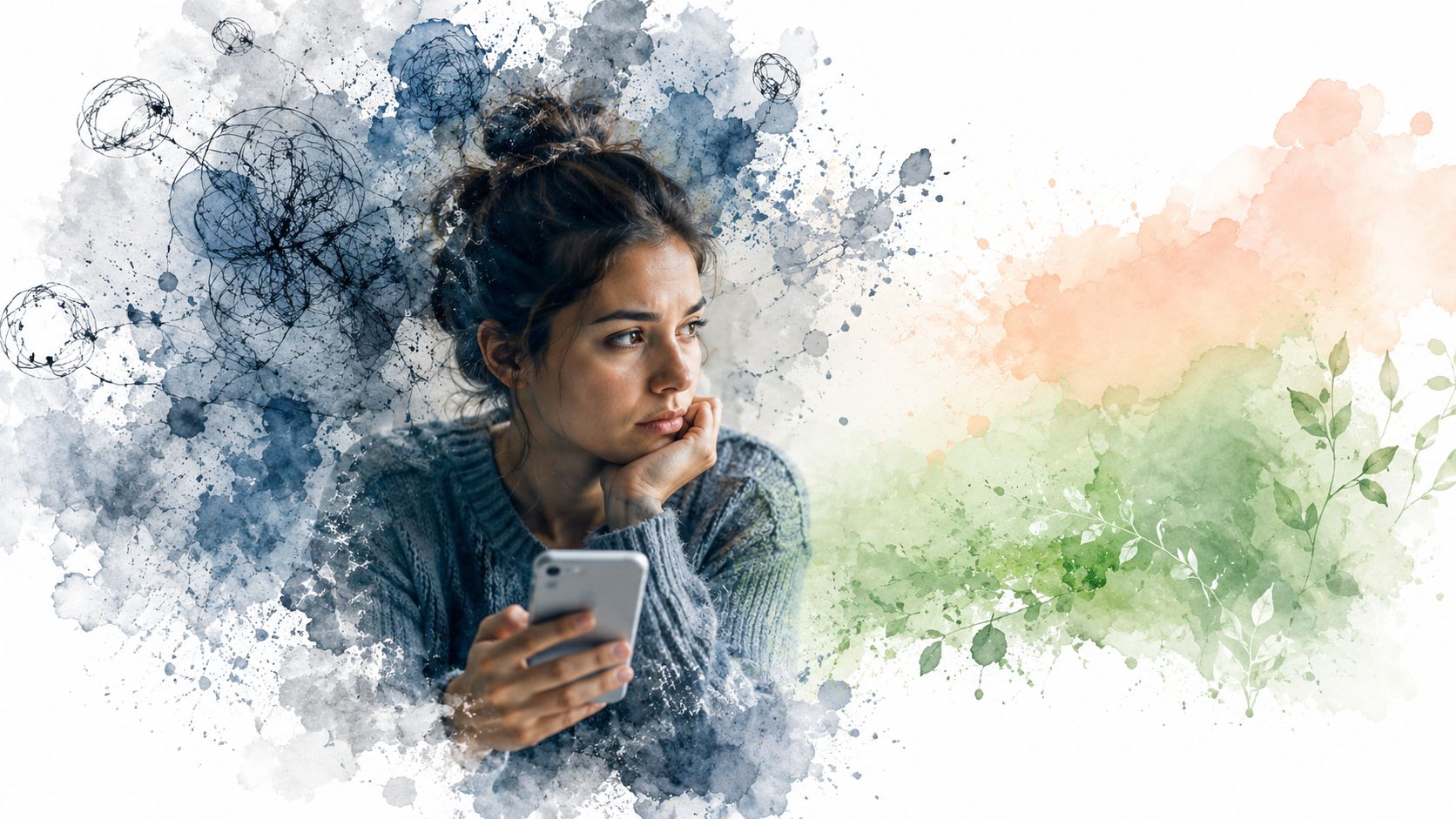 A pensive woman looking away while holding a smartphone, surrounded by artistic blue and green watercolor splashes.