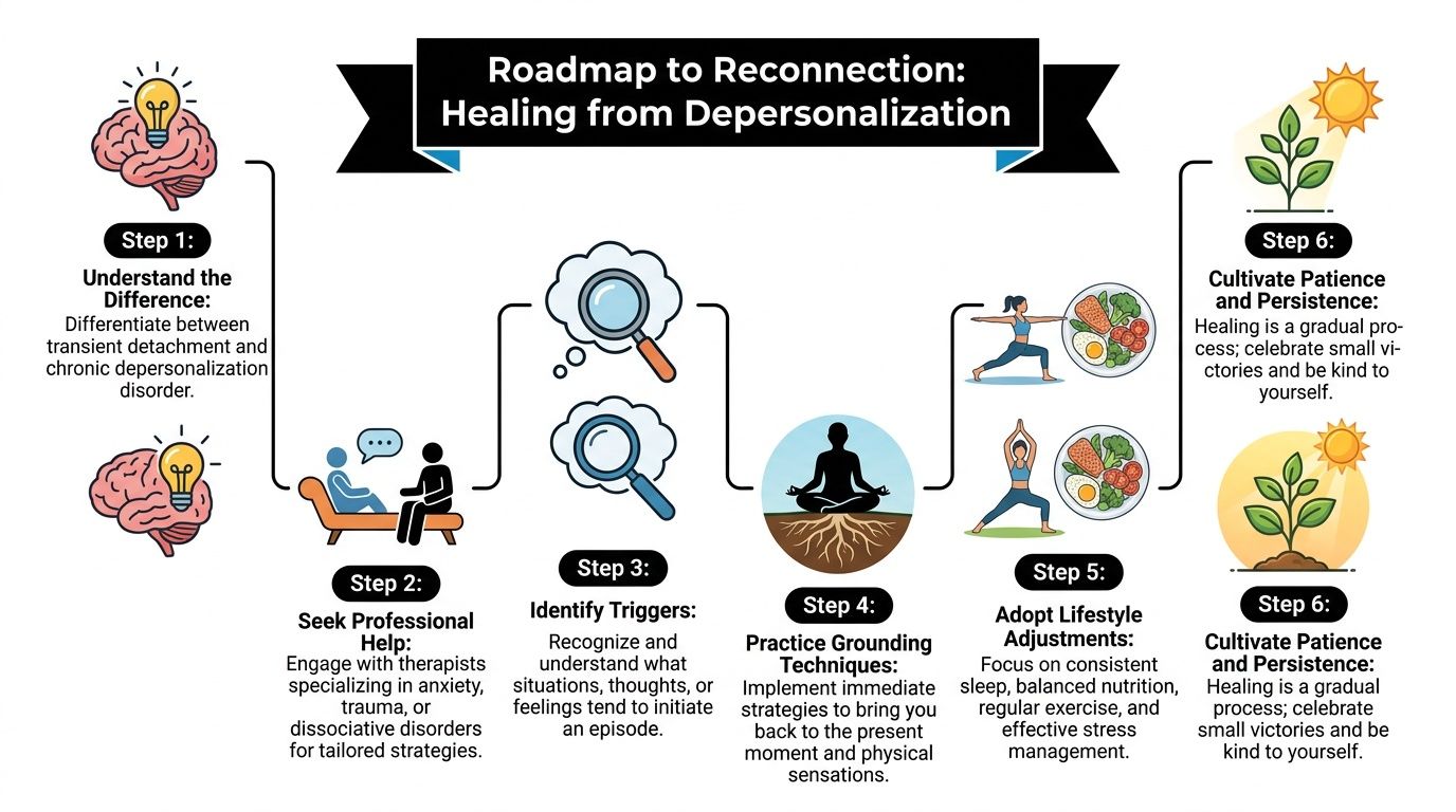 A six-step infographic guide titled Roadmap to Reconnection illustrating strategies for healing from depersonalization disorder.
