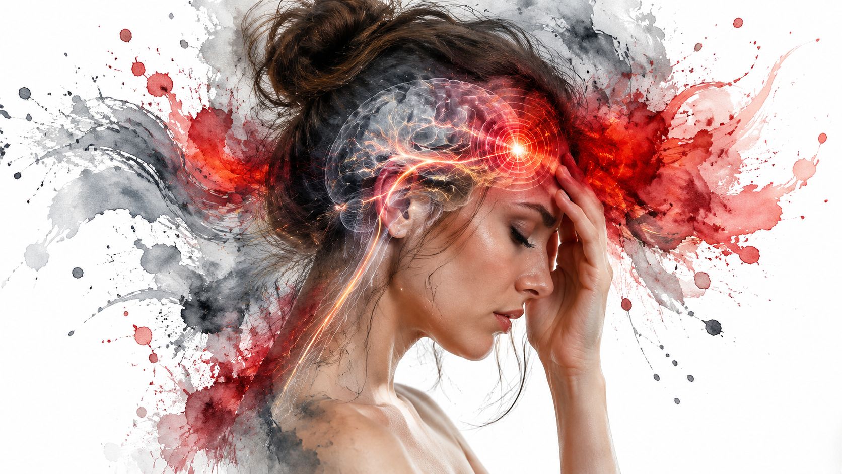 A woman experiencing a severe headache with an artistic visualization of brain activity and pain.
