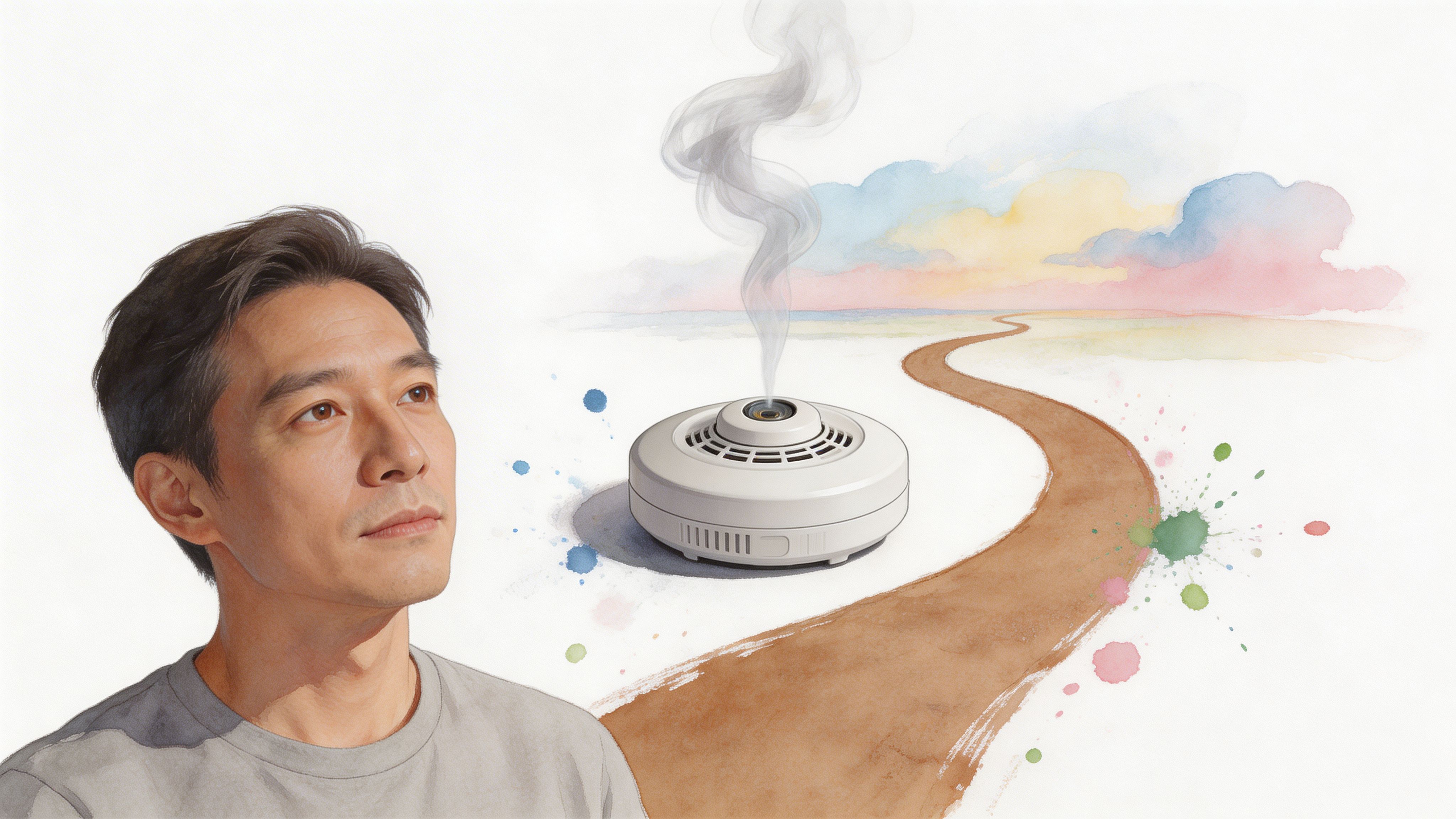 A man looking thoughtfully toward a smoke detector emitting a wisp of smoke over a painted path.