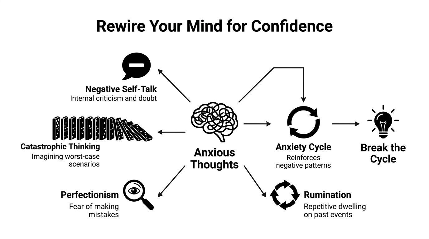 A diagram illustrating how anxious thoughts lead to negative patterns and the steps to break the cycle.