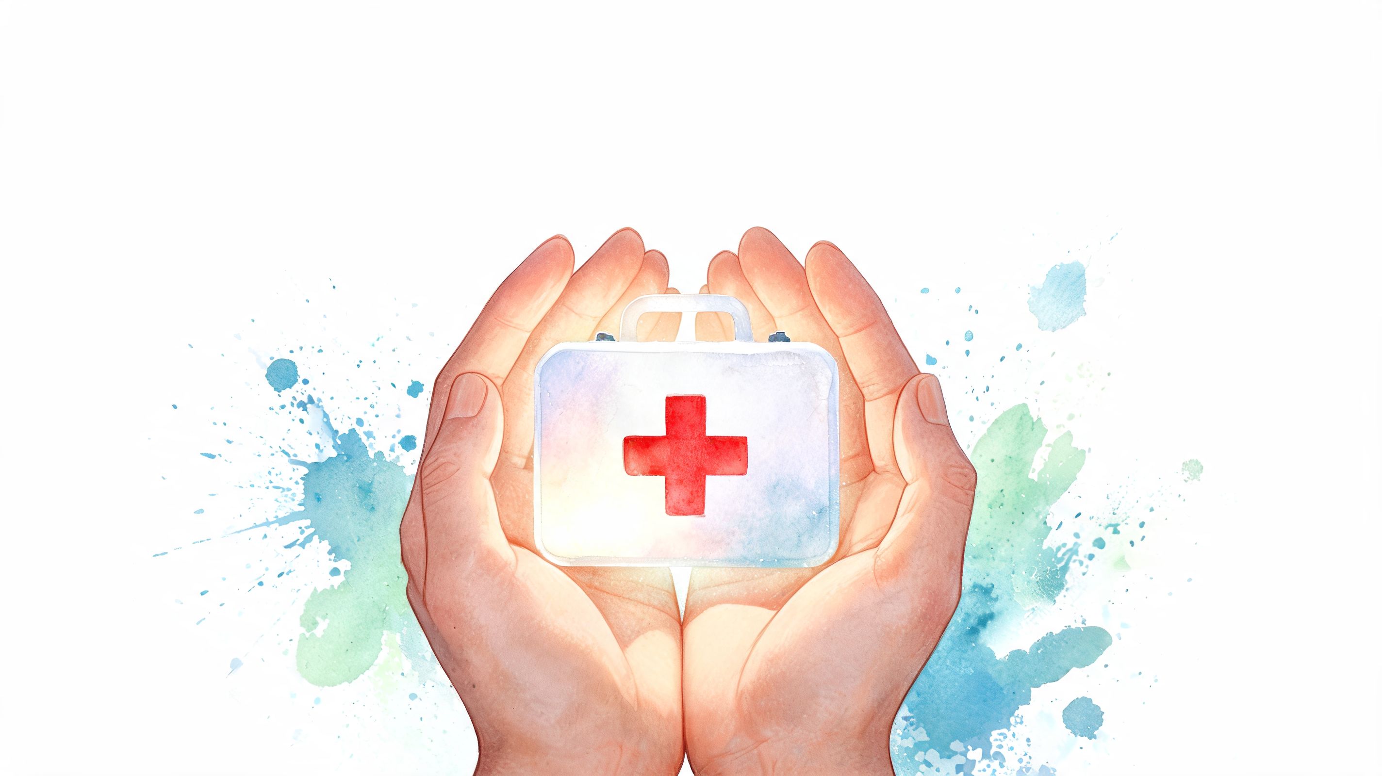 Watercolor illustration of two cupped hands holding a white medical first aid kit with a red cross.