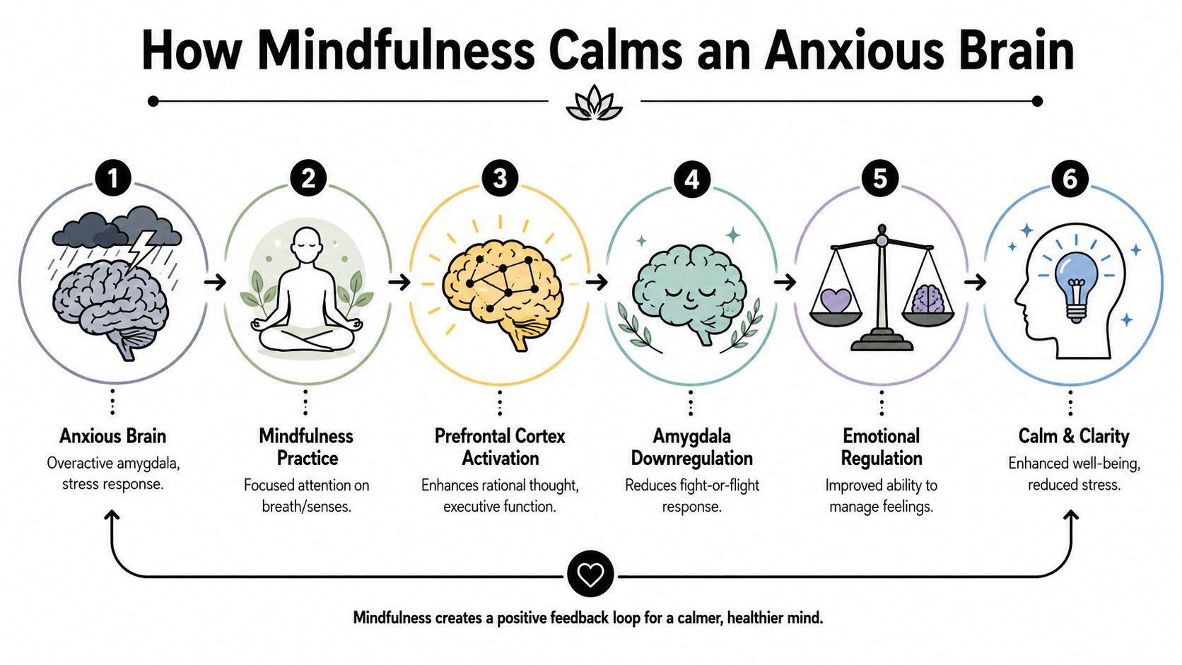 A diagram illustrating how mindfulness practices calm an anxious brain through emotional regulation and improved executive function.