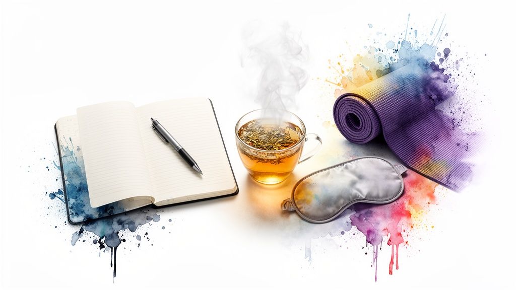Mindfulness items: journal, steaming tea, yoga mat, and sleep mask on watercolor splashes.
