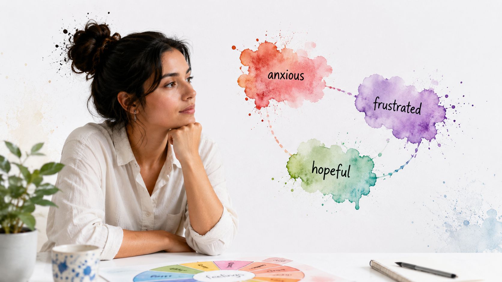 A woman sits at a desk thoughtfully reflecting on her emotions represented by colorful watercolor thought clouds.